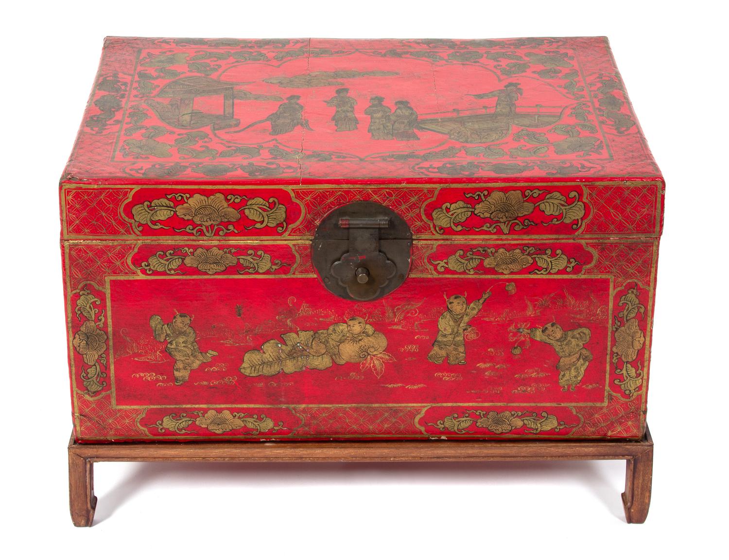 A Chinese Red and Gilt Lacquer Bride's Box Height 15 x width 29 x depth 20 1/2 inches.