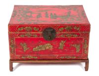 A Chinese Red and Gilt Lacquer Bride's Box Height 15 x width 29 x depth 20 1/2 inches.