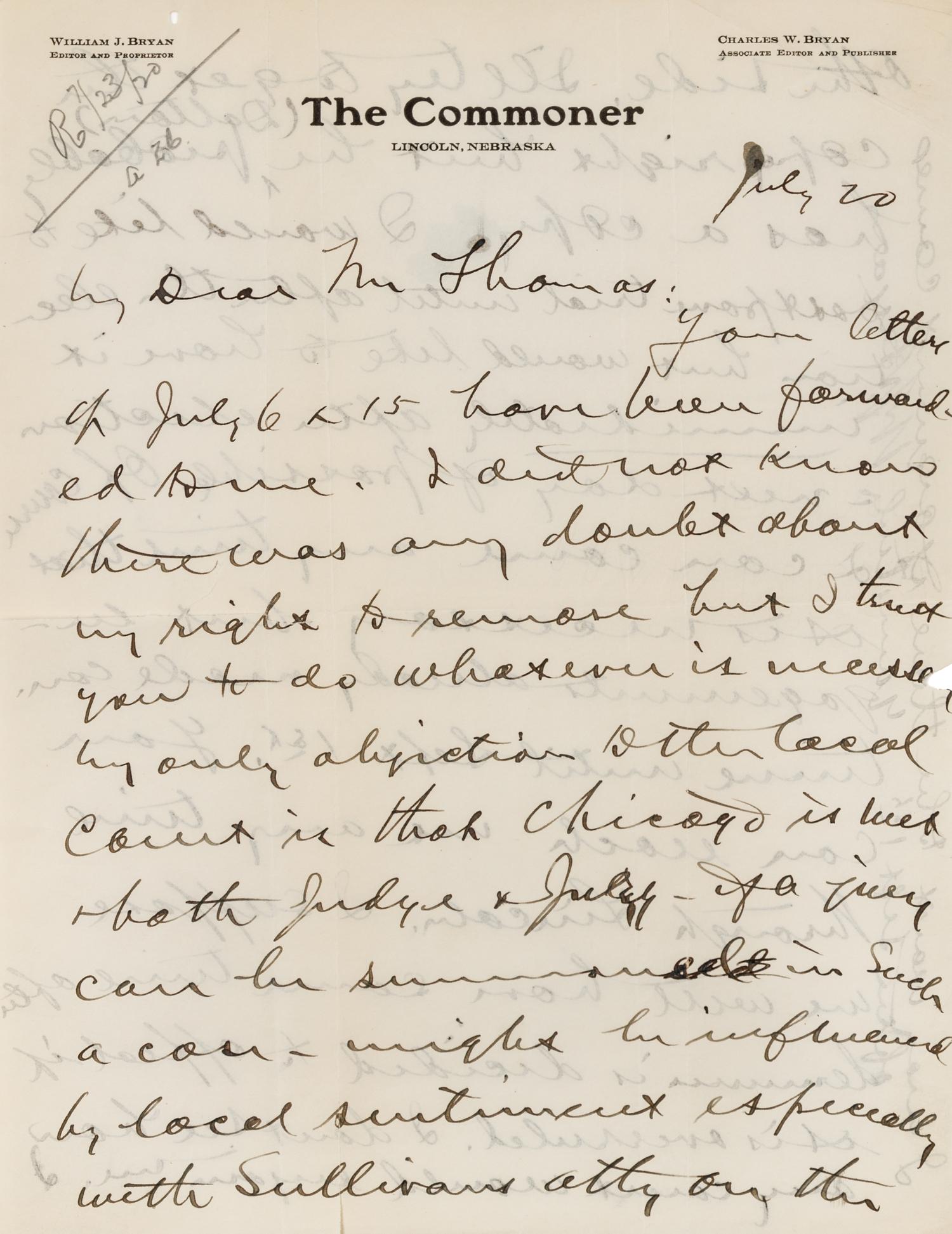 BRYAN, William Jennings (1860-1925). Autograph letter signed ("W. J. Bryan"), to Mr. Thomas. Lincoln, Nebraska, 23 July [1920?].