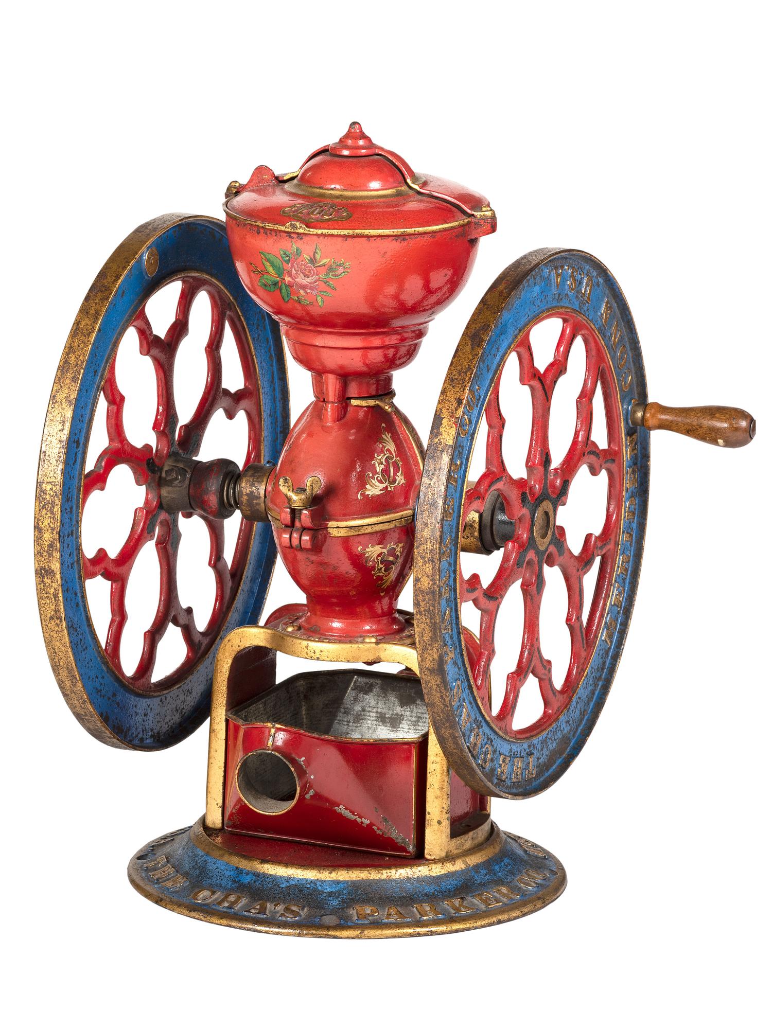 A Charles Parker No. 700 Painted and Parcel Gilt Double-Wheeled Cast Iron Coffee Mill