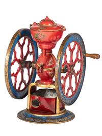 A Charles Parker No. 700 Painted and Parcel Gilt Double-Wheeled Cast Iron Coffee Mill