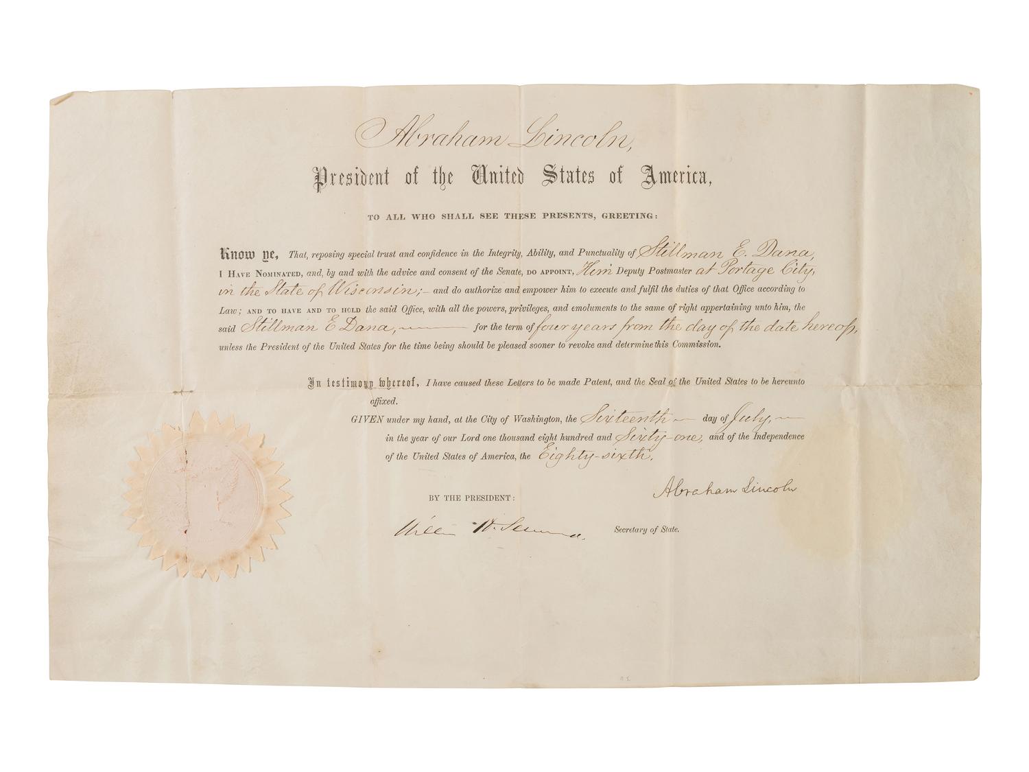 [LINCOLN, Abraham (1809-1865)]. Partially printed document signed as President. Washington, DC, 16 July 1861.