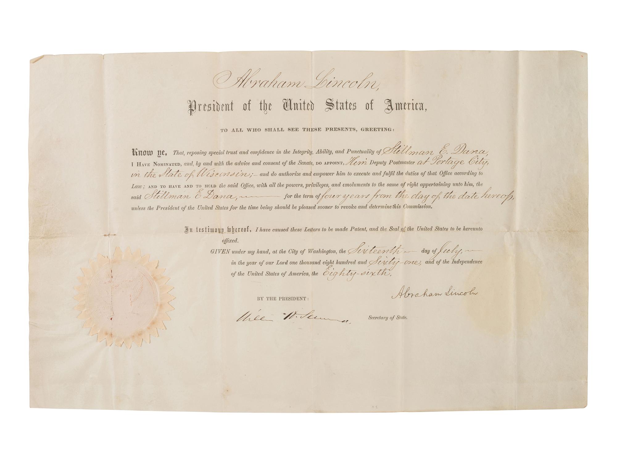 [LINCOLN, Abraham (1809-1865)]. Partially printed document signed as President. Washington, DC, 16 July 1861.