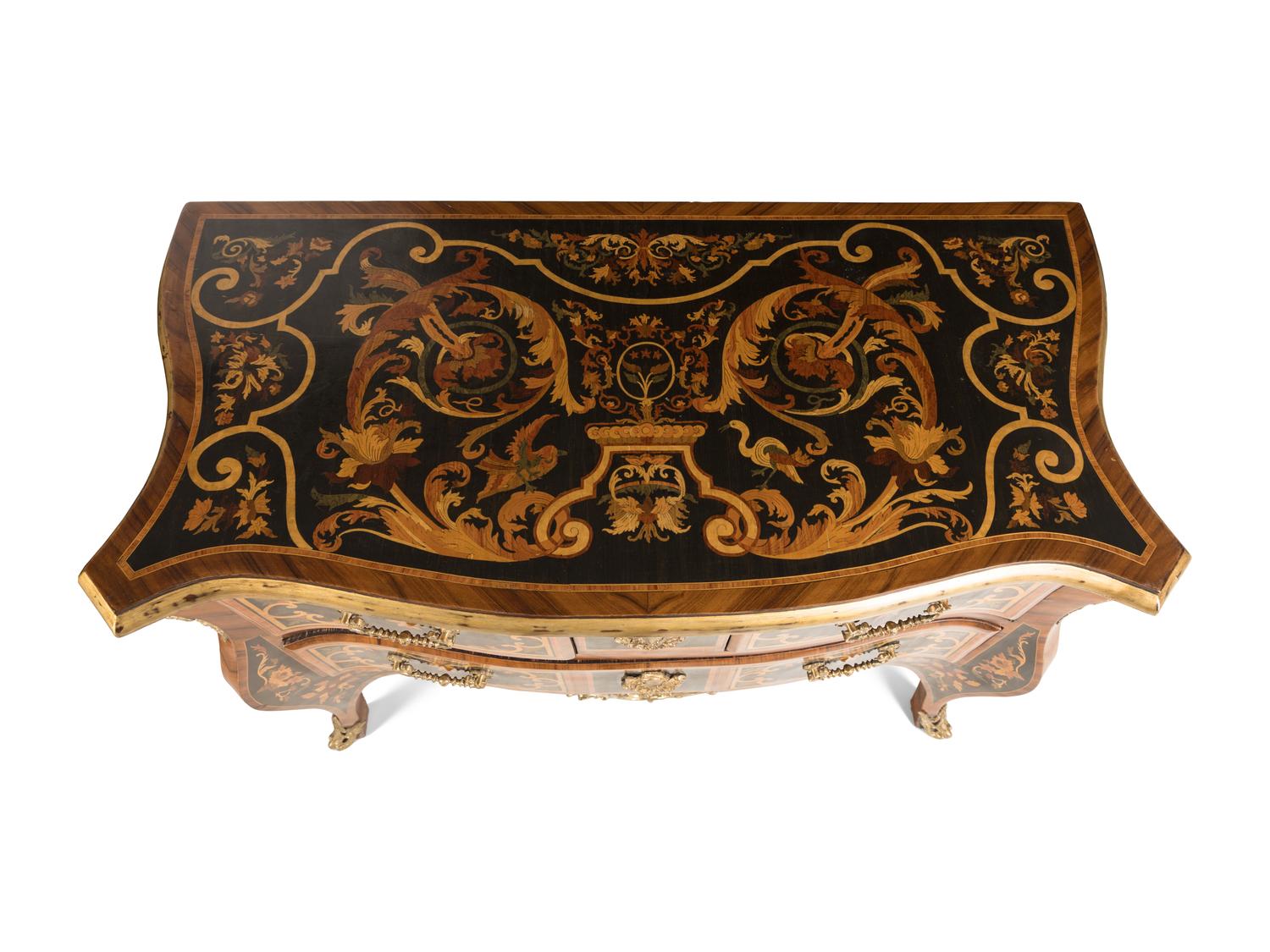 A Pair of Louis XIV Style Gilt Bronze Mounted Marquetry Commodes