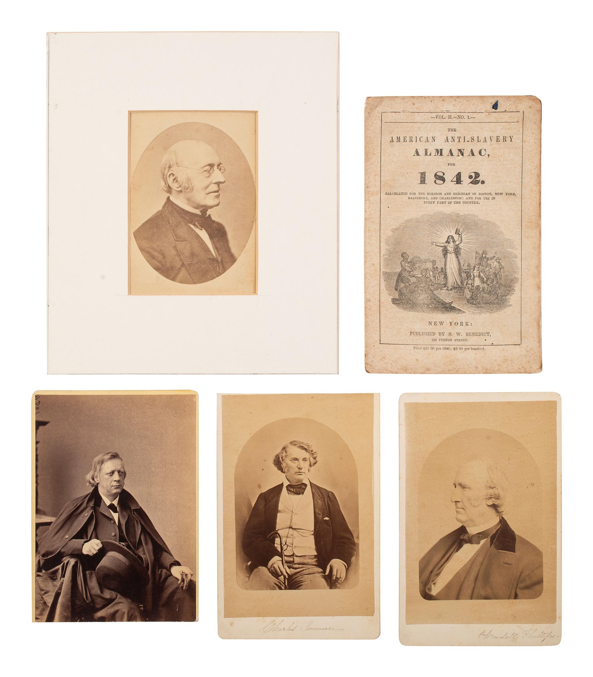 [ENSLAVEMENT & ABOLITION]. A group of photographs and other items related to abolitionist figures incl. Wendell PHILLIPS (1811-1884) and Charles SUMNER (1811-1874).