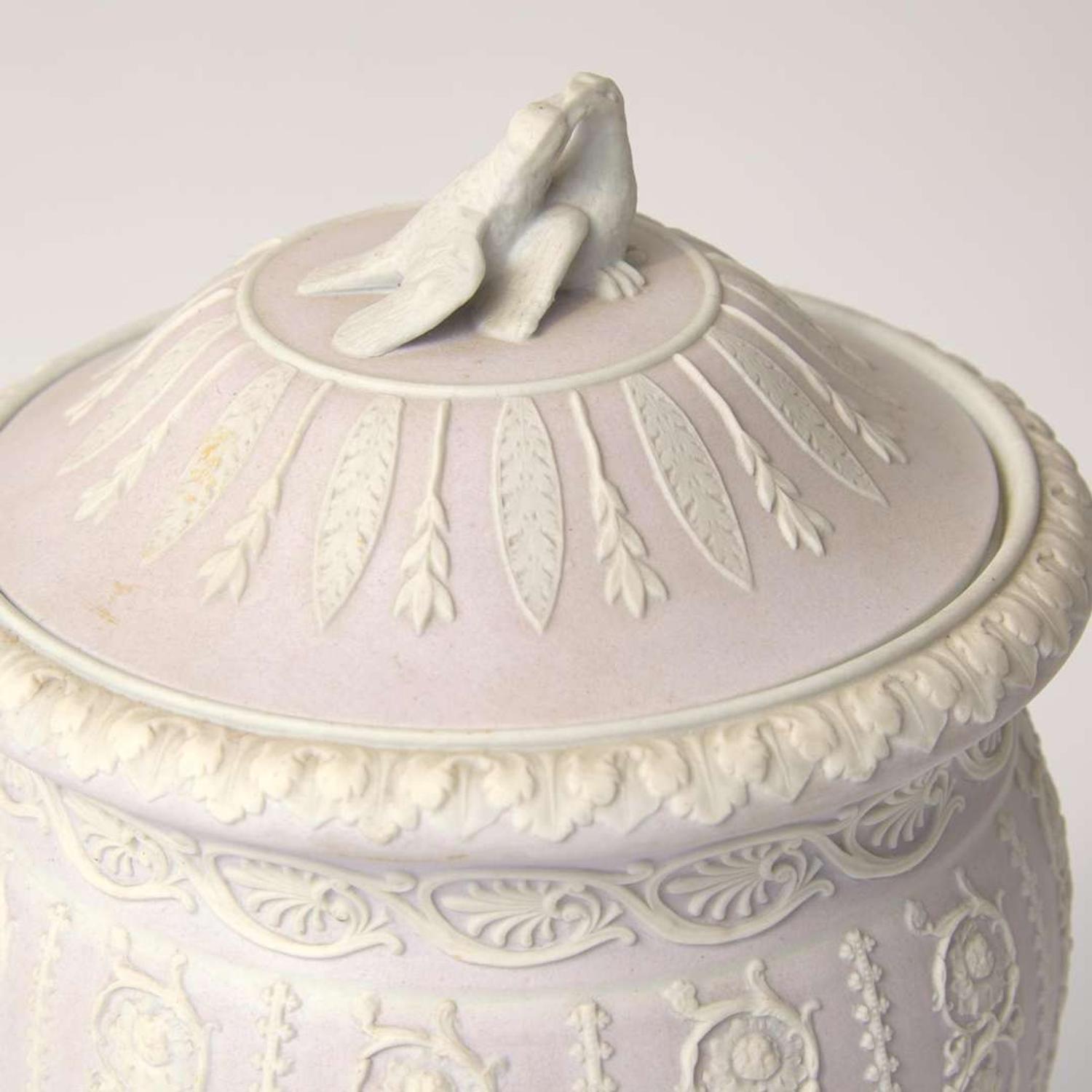 A Wedgwood Lilac Dip Jasperware "Shell and Arabesque" Vase and Cover UK, 1870s or 1880s