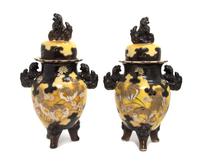 A Pair of Satsuma Footed Incense Jars Height 16 1/2 inches each.