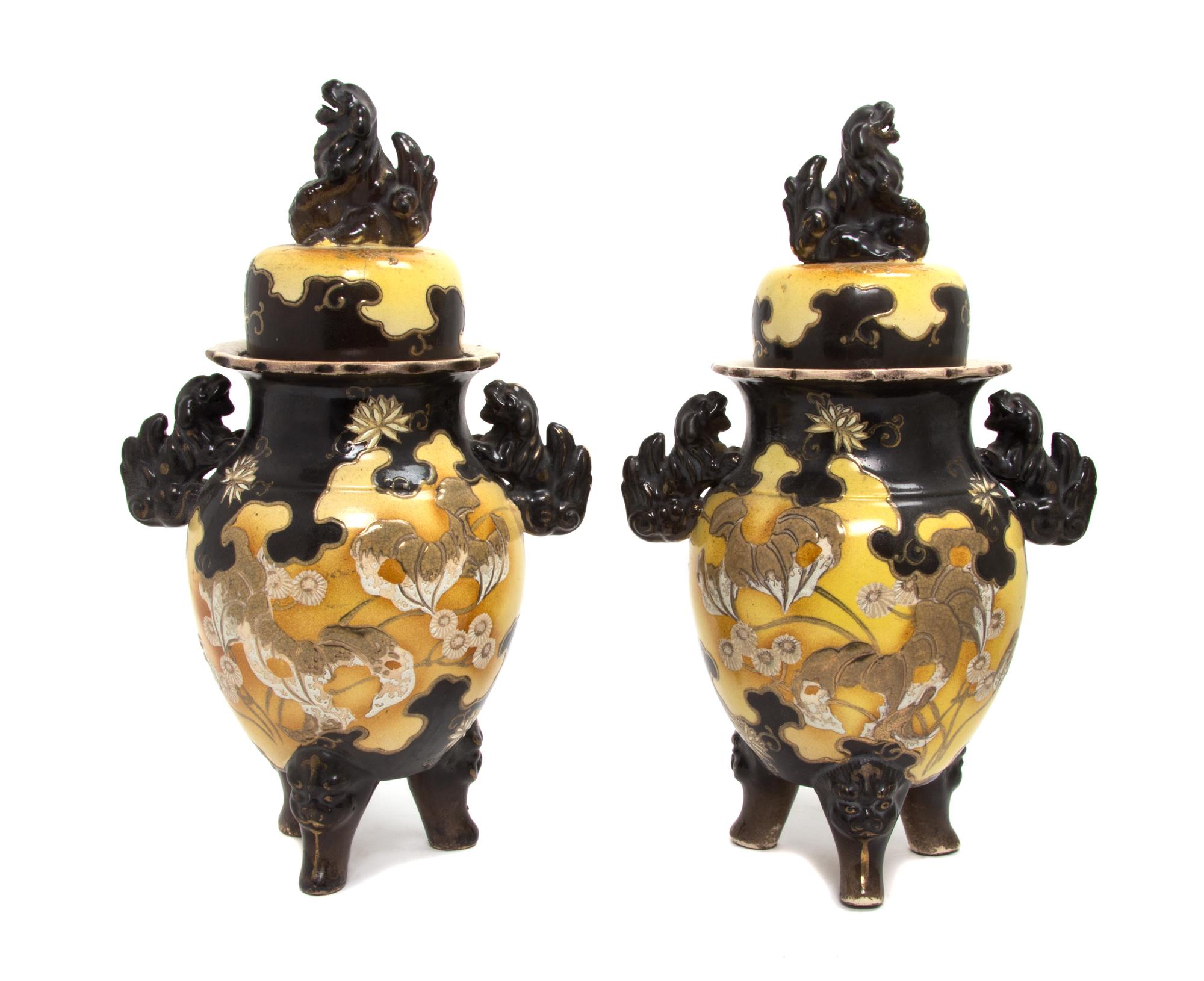 A Pair of Satsuma Footed Incense Jars Height 16 1/2 inches each.
