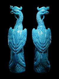 A Pair of Chinese Export Turquoise Glazed Porcelain Figures of Phoenix