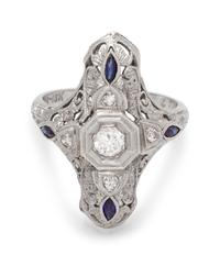 An 18 Karat White Gold, Diamond and Sapphire Ring,