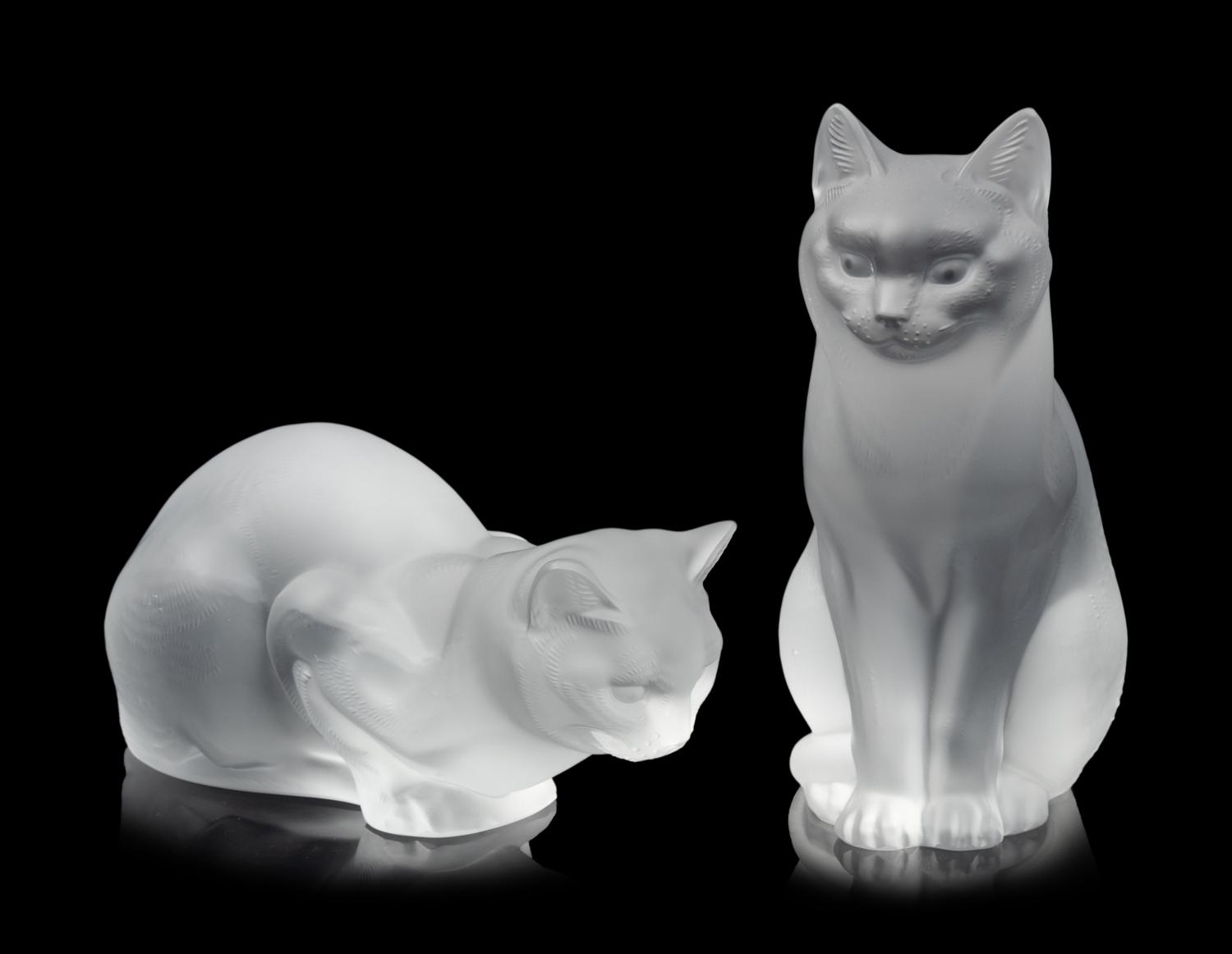 Two Lalique Molded and Frosted Glass Cats