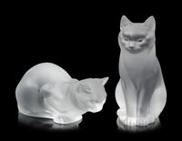 Two Lalique Molded and Frosted Glass Cats