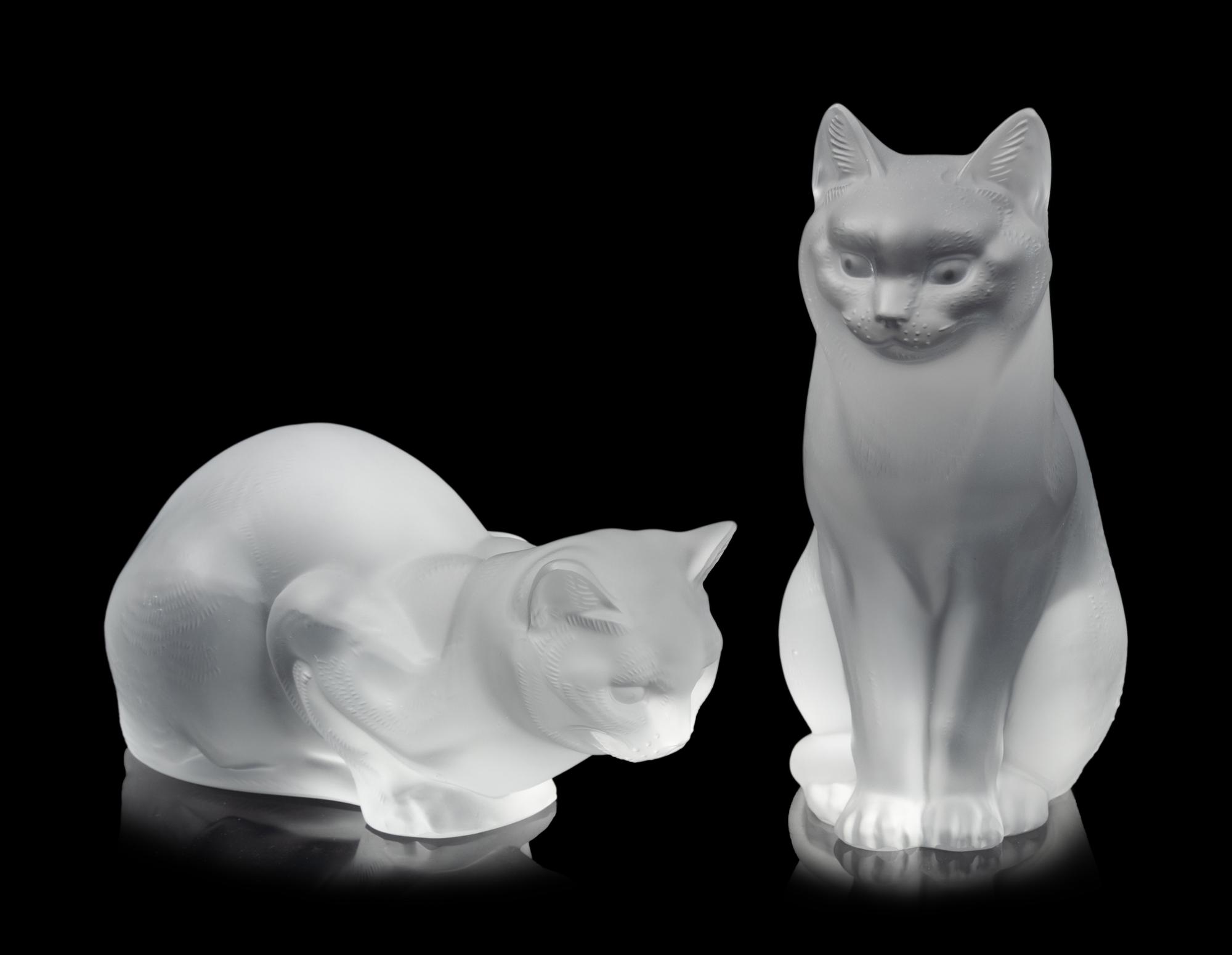 Two Lalique Molded and Frosted Glass Cats