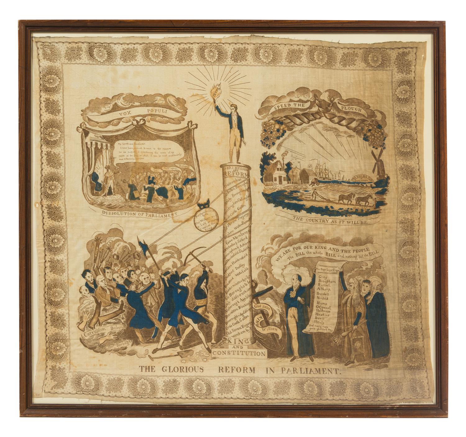 An English Silk Political Handkerchief 29 1/2 x 31 1/2 inches. — CIRCA 1832