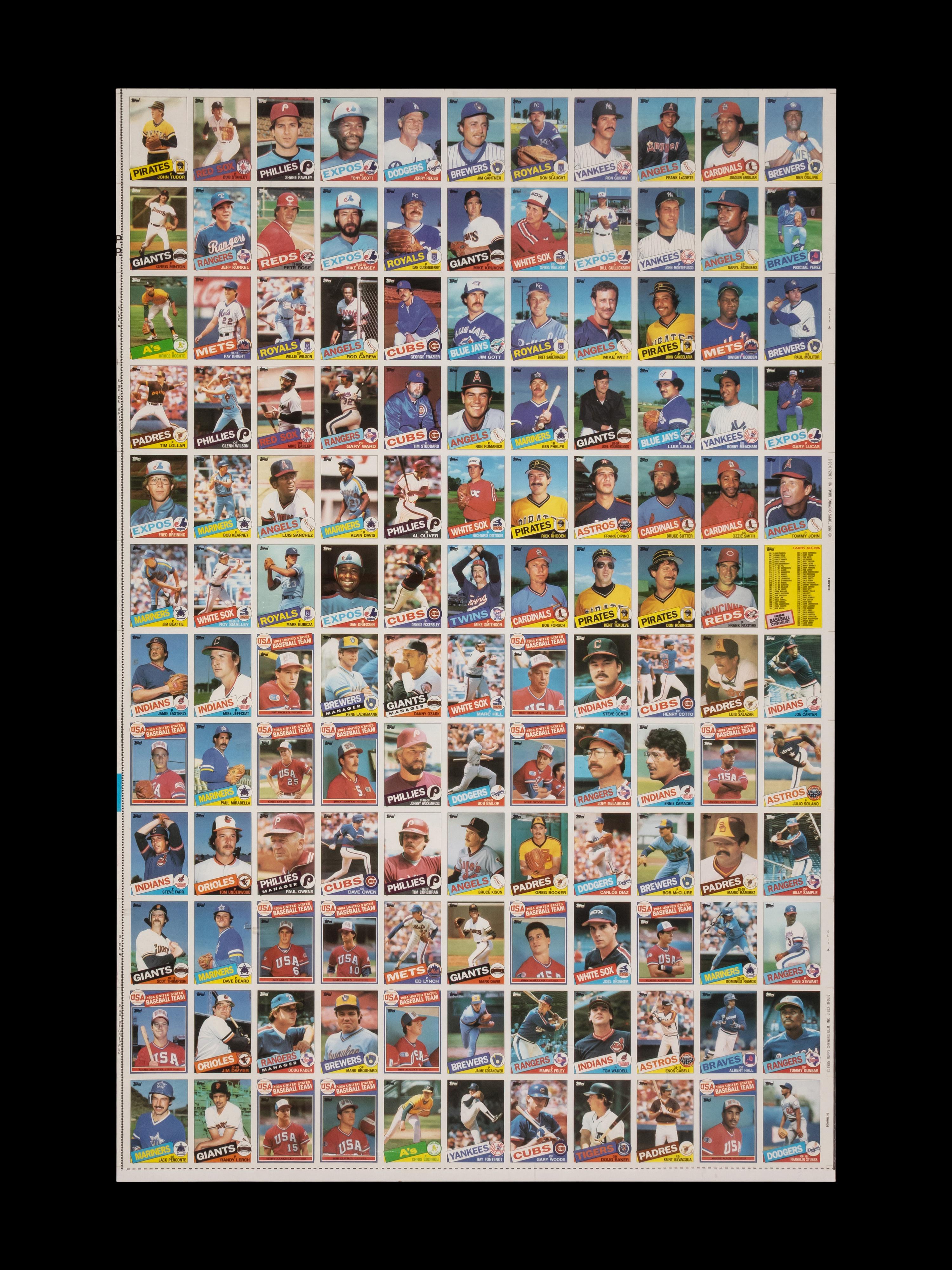A Complete Set of 1985 Topps Baseball Cards in Six Uncut Sheets Featuring Mark McGwire, Roger Clemens and Kirby Puckett Rookie Cards