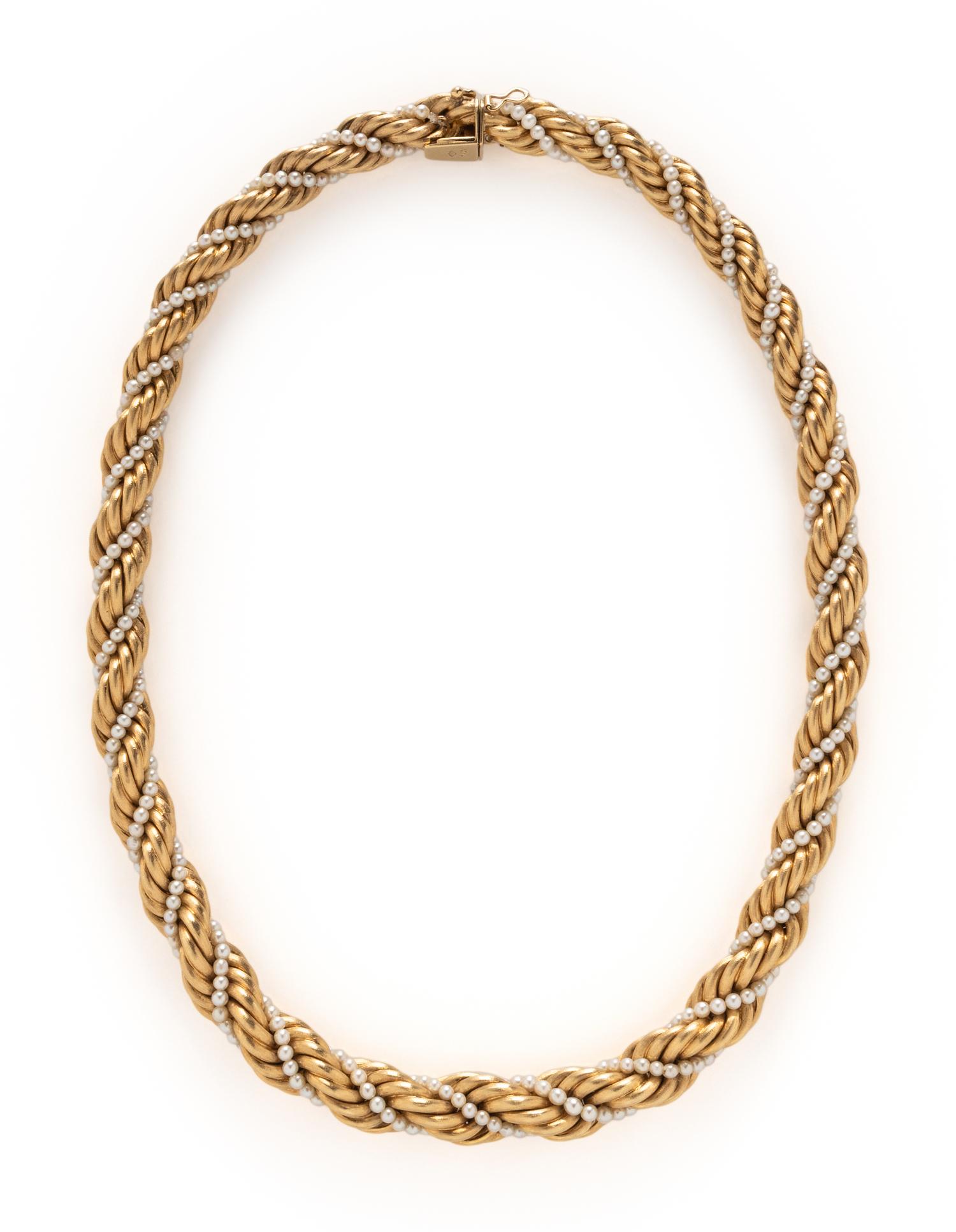 TIFFANY & CO., YELLOW GOLD AND CULTURED PEARL BRACELET WITH UNSIGNED NECKLACE EN SUITE