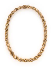 TIFFANY & CO., YELLOW GOLD AND CULTURED PEARL BRACELET WITH UNSIGNED NECKLACE EN SUITE
