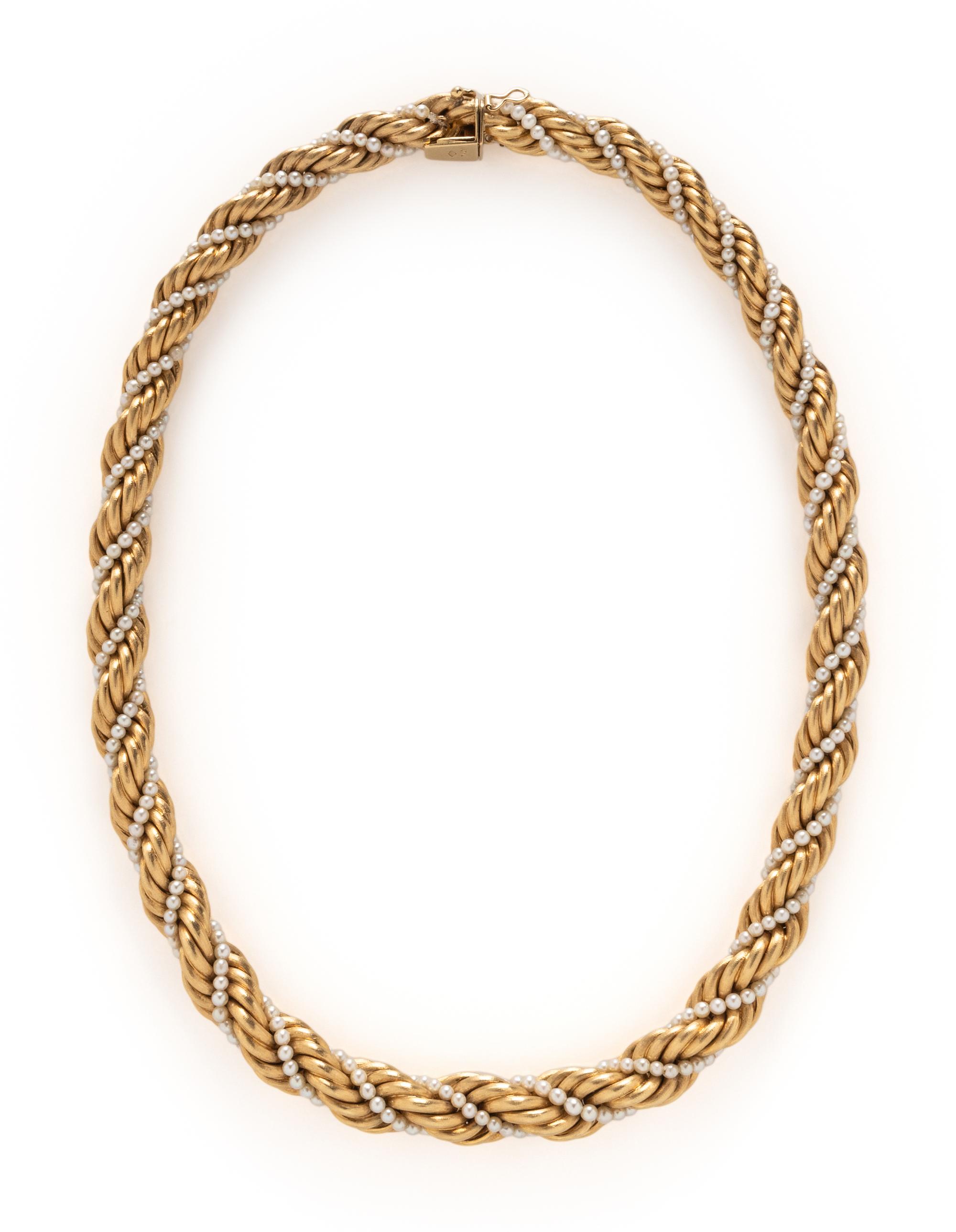 TIFFANY & CO., YELLOW GOLD AND CULTURED PEARL BRACELET WITH UNSIGNED NECKLACE EN SUITE