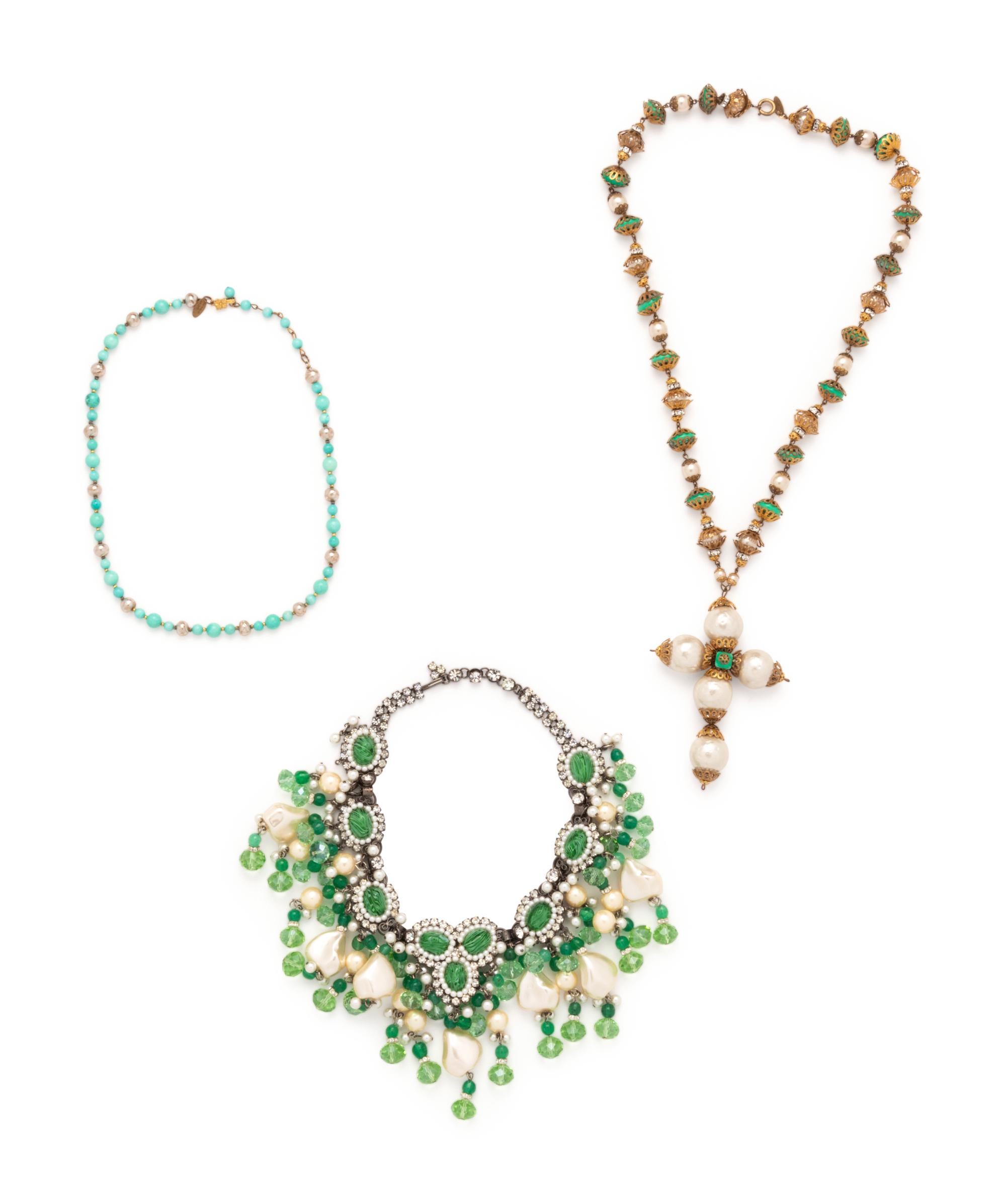 Three Vintage Designer Necklaces: One Vrba & Two Miriam Haskell, 1970-90s