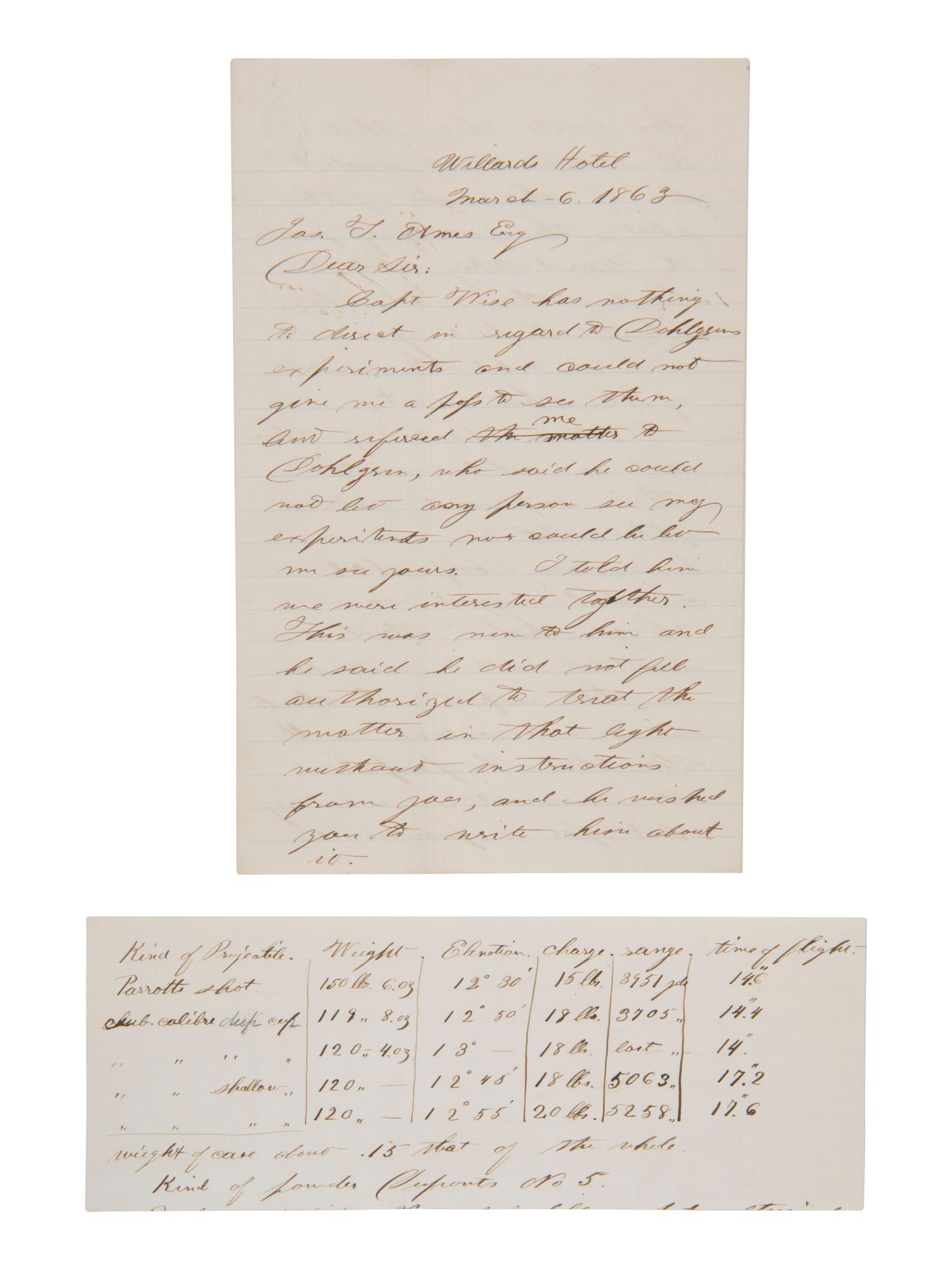 [CIVIL WAR]. Letter from engineer A. H. EMERY to James T. AMES about weapon testing and production.
