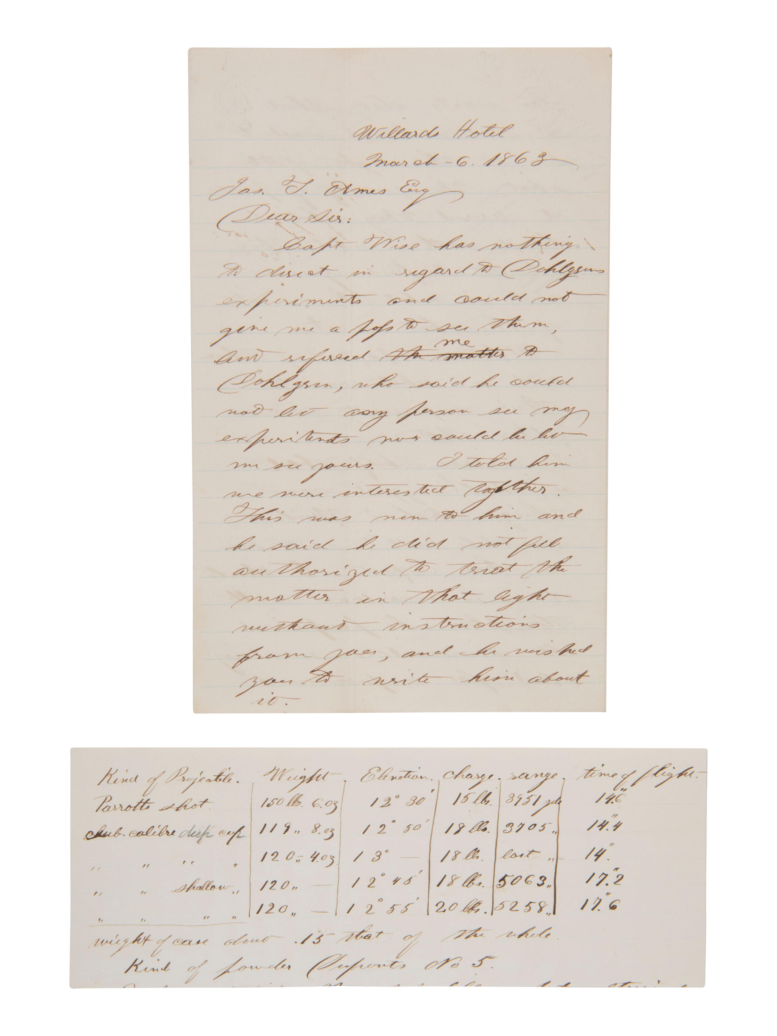 [CIVIL WAR]. Letter from engineer A. H. EMERY to James T. AMES about weapon testing and production.