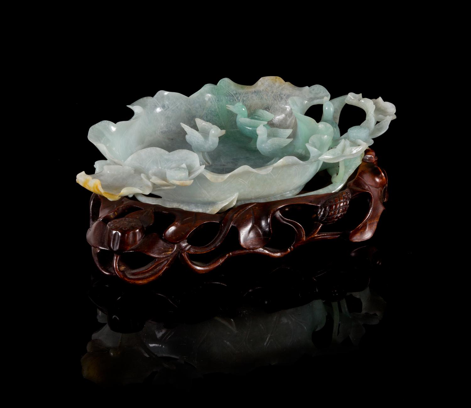 A Carved Apple Green and Celadon Jadeite Brush Washer, Xi — LATE 19TH/EARLY 20TH CENTURY