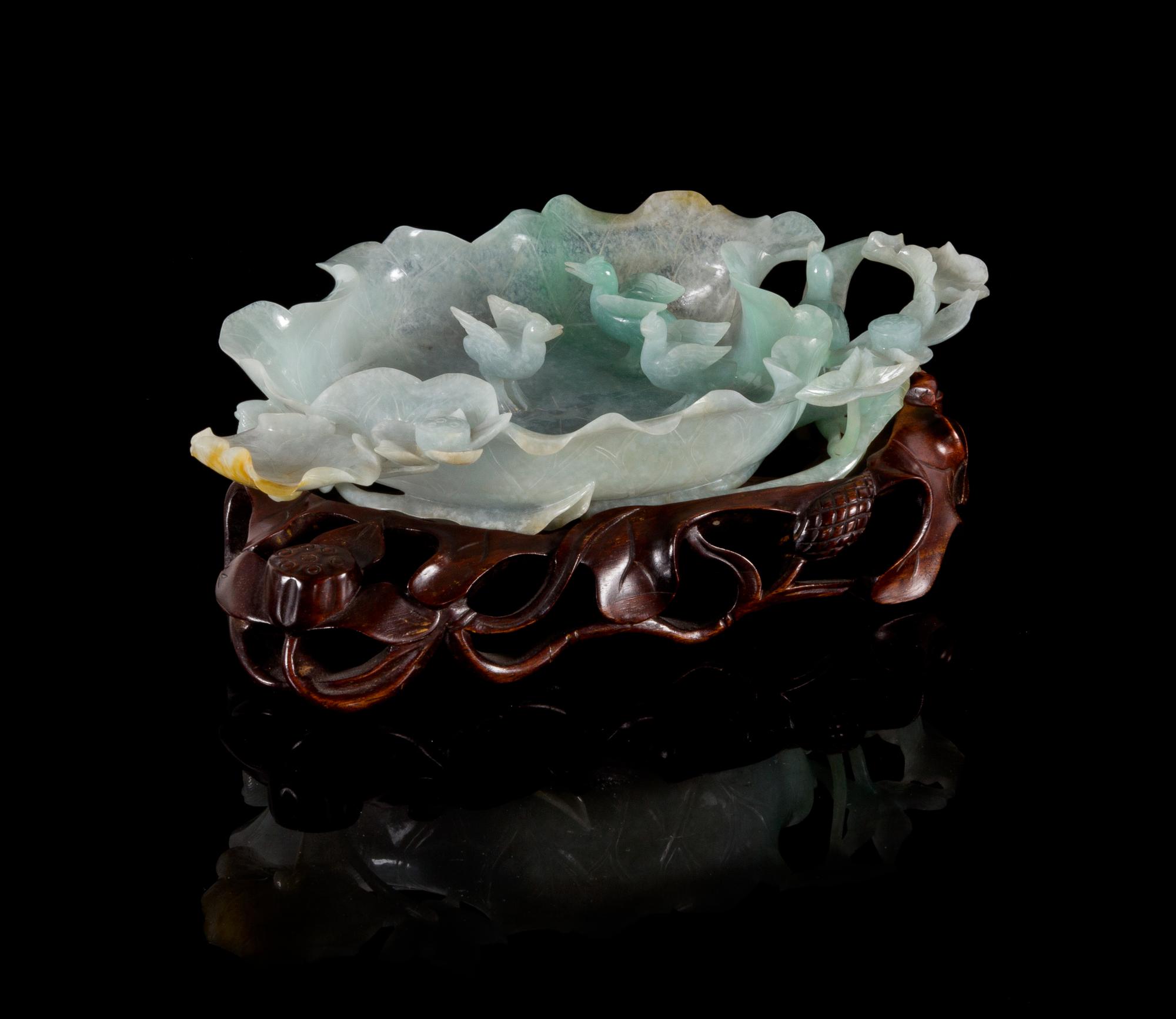 A Carved Apple Green and Celadon Jadeite Brush Washer, Xi — LATE 19TH/EARLY 20TH CENTURY