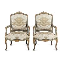 A Pair of Italian Rococo Style Painted and Parcel Gilt Armchairs