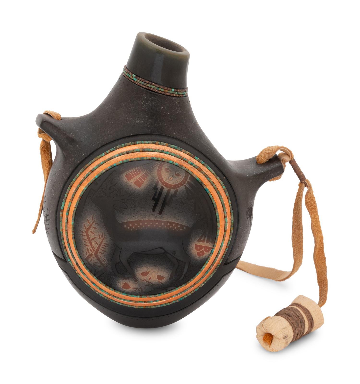 Micaceous Black and Sienna Pottery Canteen, with Sgraffito Decoration