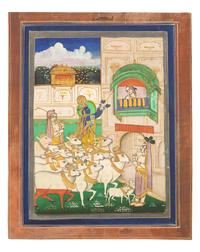 A Painting of Krishna Returns to Radha at the Hour of Cowdust, Rajasthan, Bazaar Workshop, Late 19th/20th Century