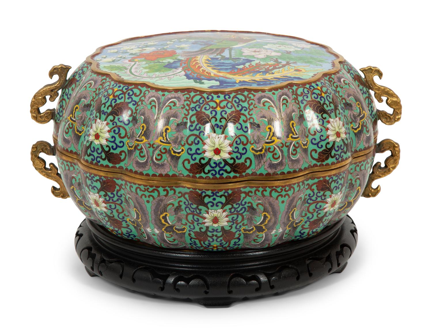A Large Chinese Cloisonné Melon-Form Box with Cover
