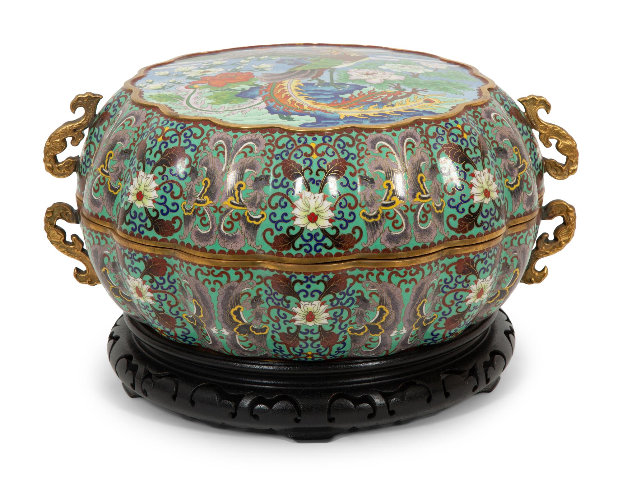 A Large Chinese Cloisonné Melon-Form Box with Cover