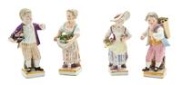 Four Meissen Porcelain Figures, Height of tallest 3 5/8 inches.