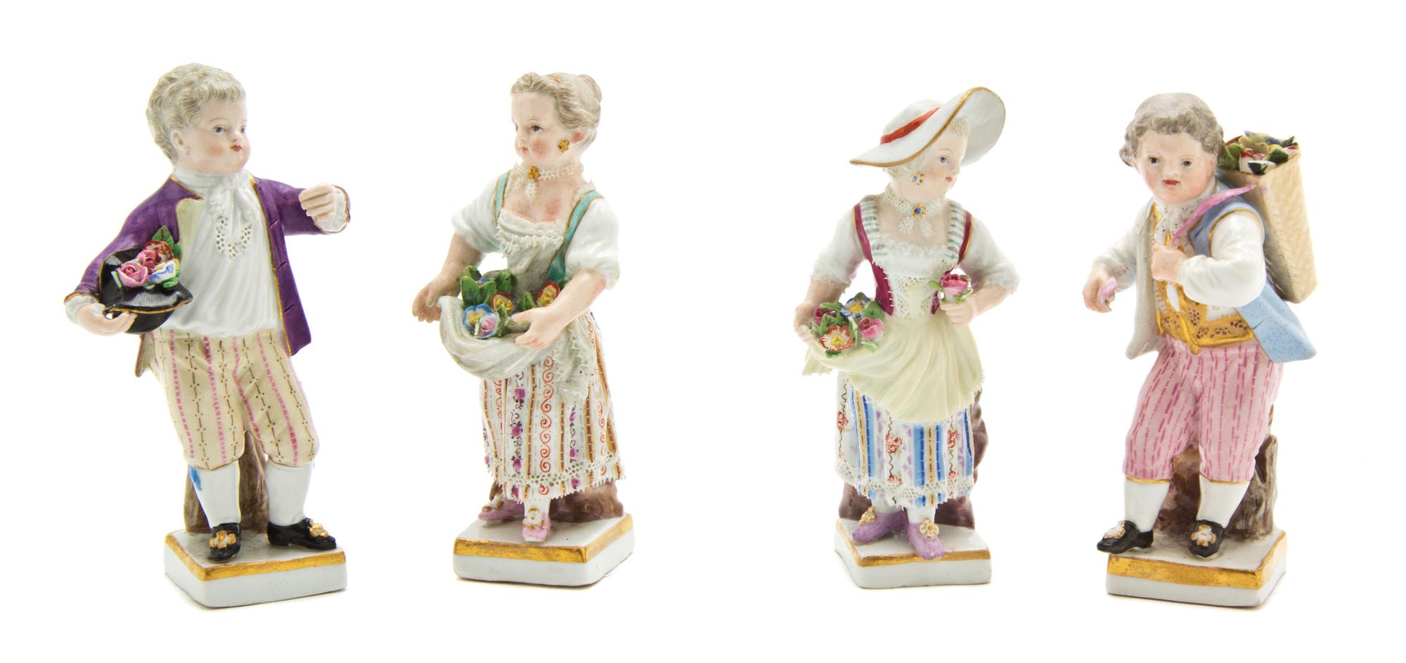 Four Meissen Porcelain Figures, Height of tallest 3 5/8 inches.