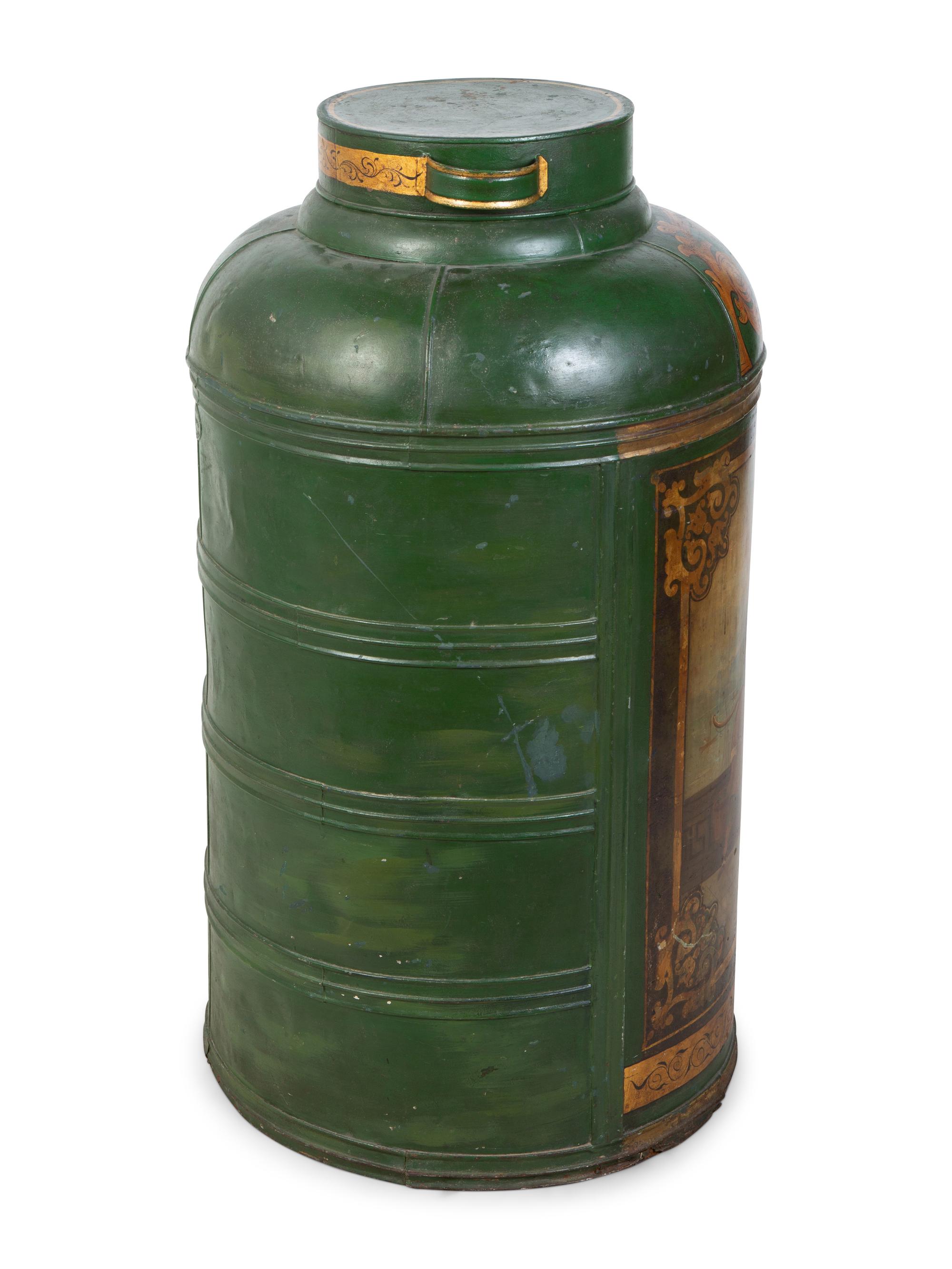 A Painted Green Tole Oversize Tea Canister — 18TH/19TH CENTURY