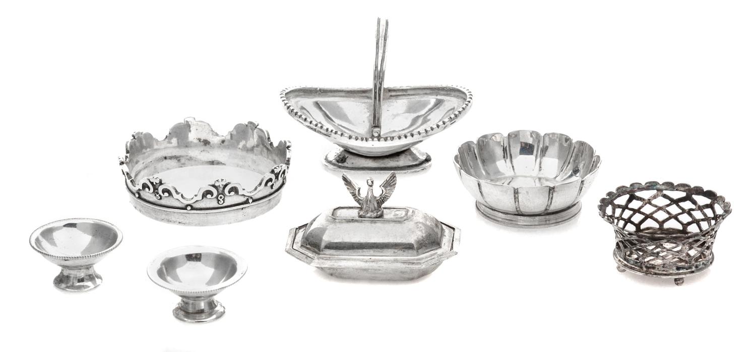 A Collection of Seven English Silver Table Articles, Various Makers, comprising a covered entree dish with a phoenix form finial; a cen