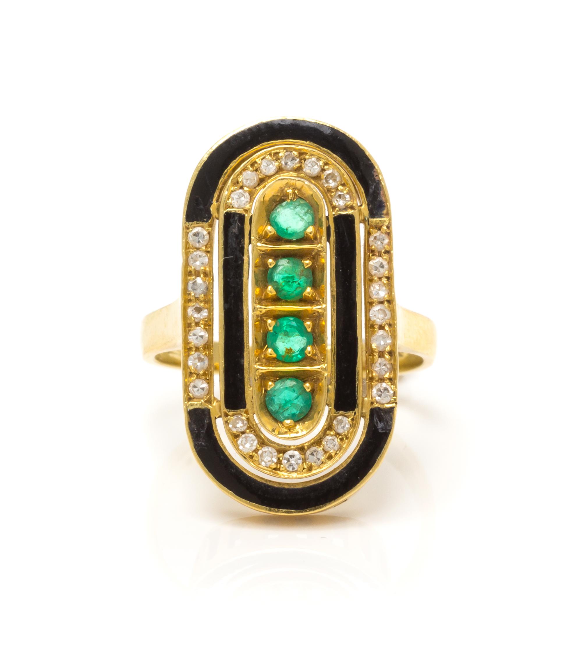 An 18 Karat Yellow Gold Emerald, Diamond and Enamel Ring, Italy, 3.50 dwts.
