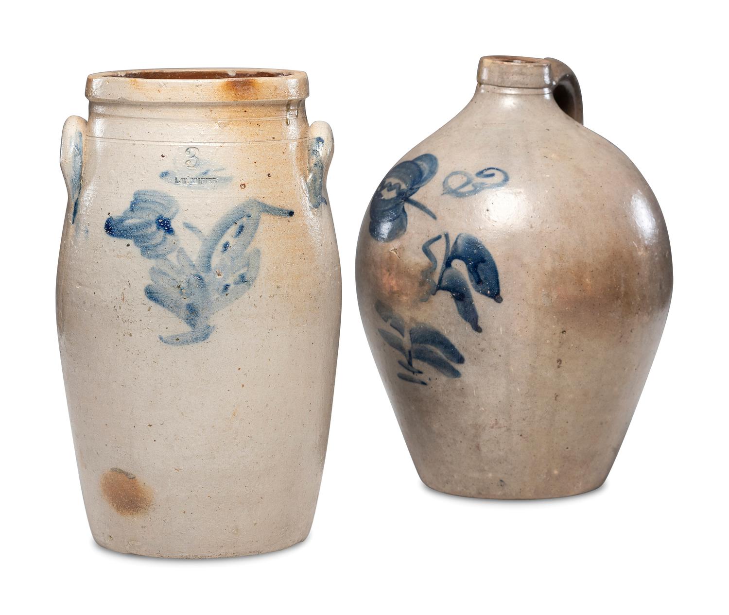 Two Three-Gallon Cobalt Decorated Stoneware Vessels