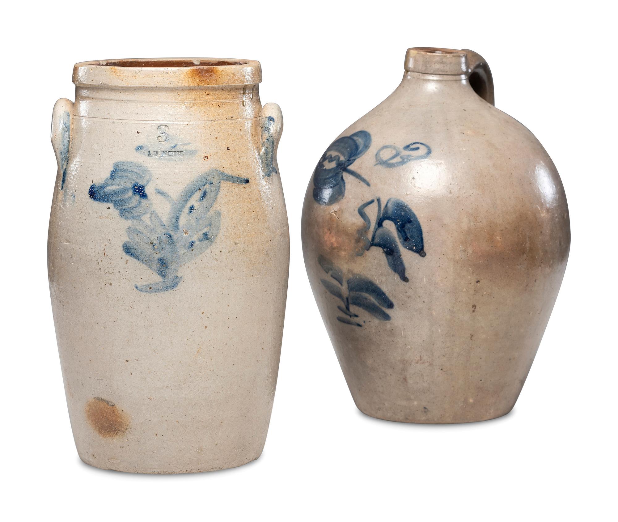 Two Three-Gallon Cobalt Decorated Stoneware Vessels