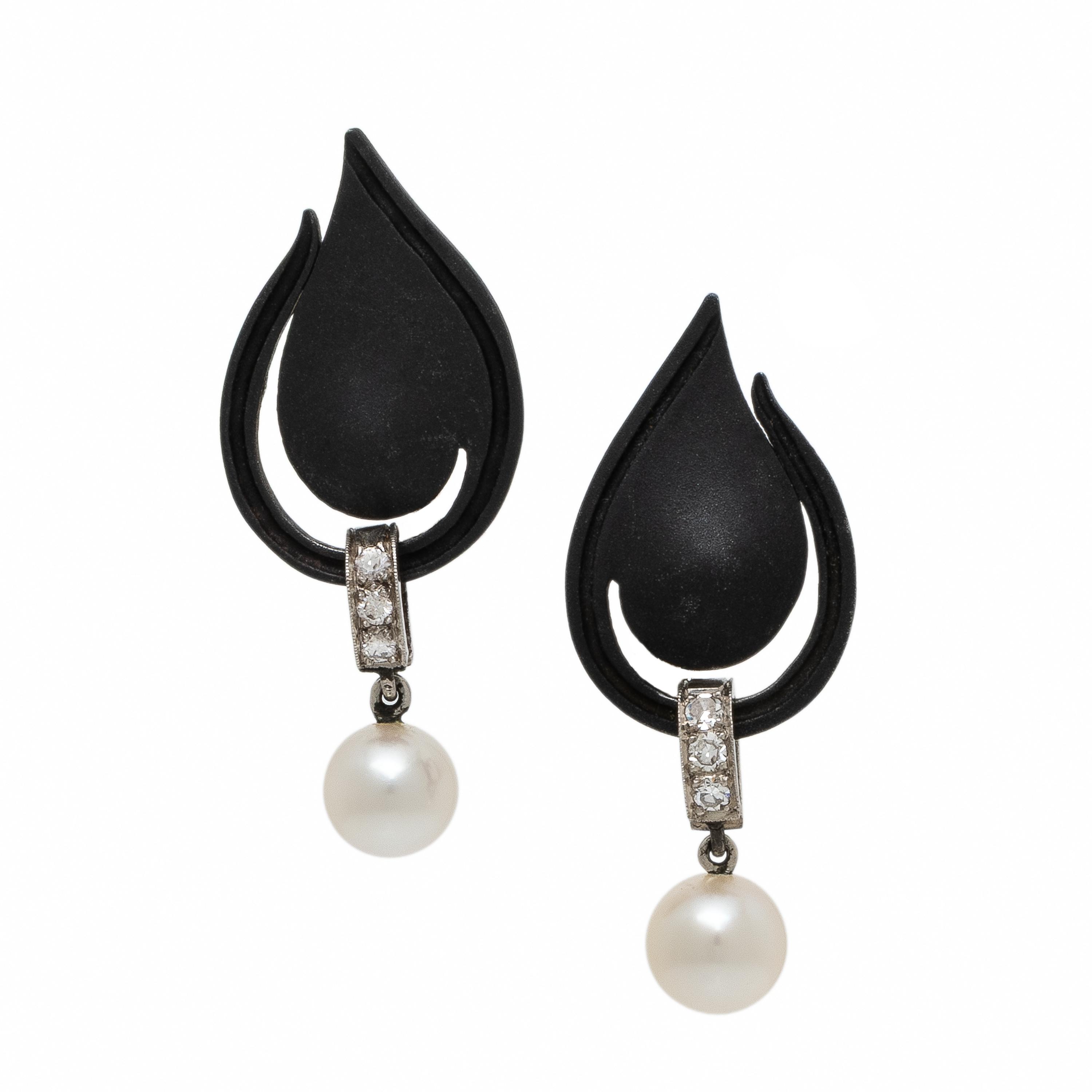 Marsh & Co., Blackened Steel, Cultured Pearl, and Diamond Earrings