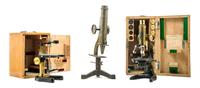 A Group of Three Microscopes Height of tallest 14 3/4 inches.