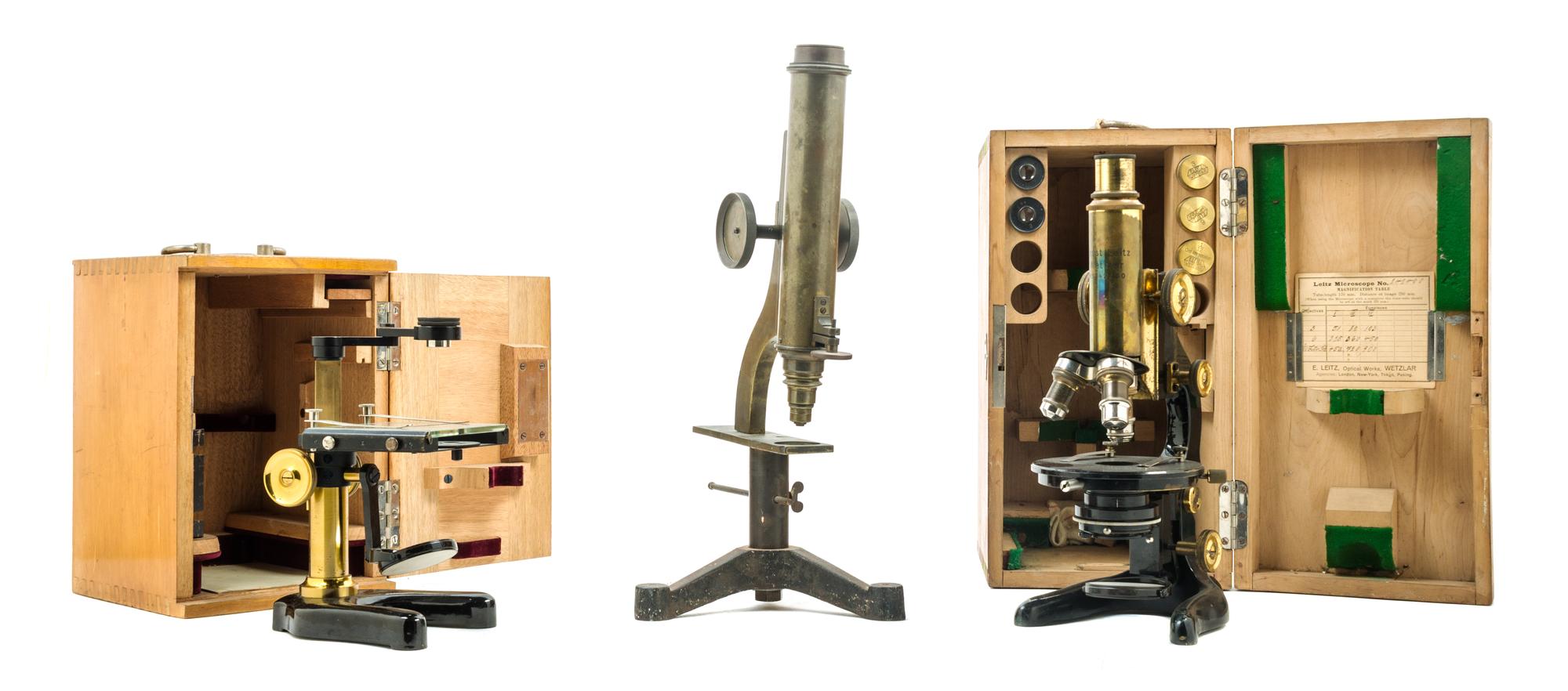 A Group of Three Microscopes Height of tallest 14 3/4 inches.