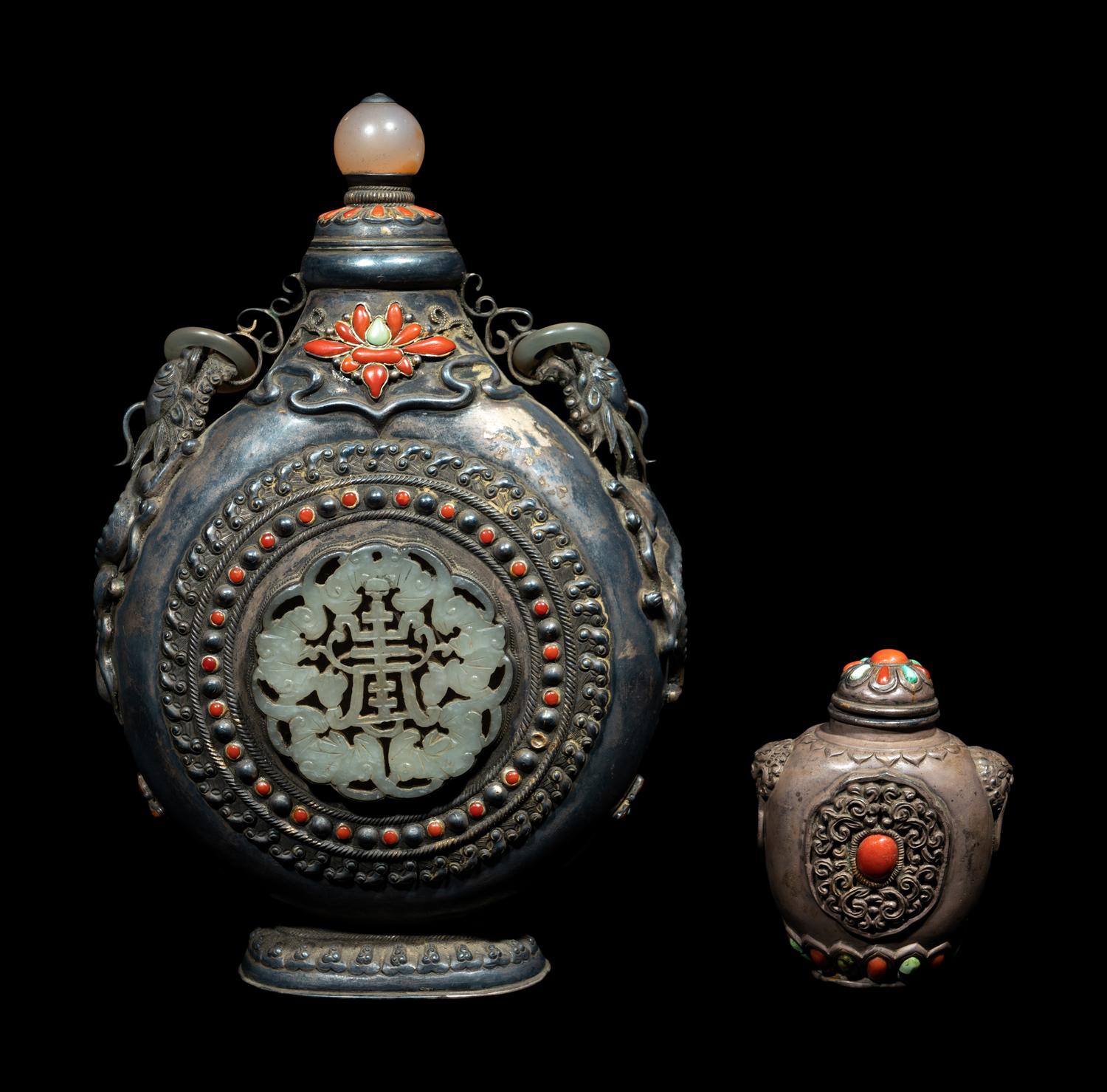 Two Mongolian Hardstone Mounted Metal Bottles