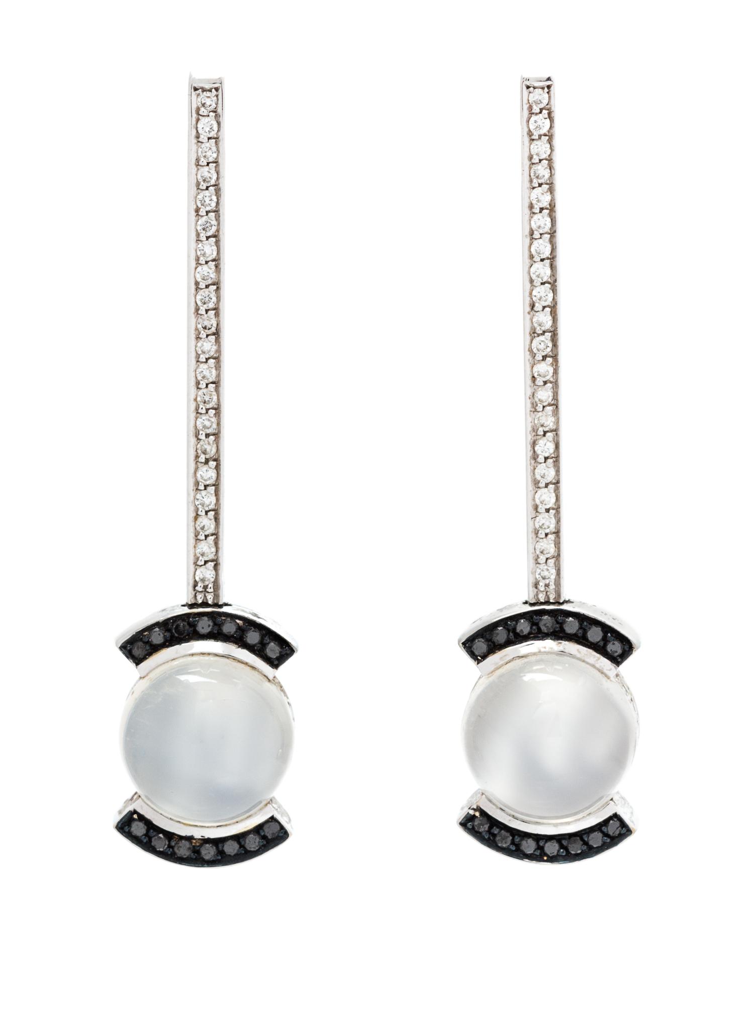 A Pair of 19 Karat White Gold, Moonstone, Diamond and Black Diamond Earrings, Portugal, 6.90 dwts.