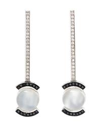 A Pair of 19 Karat White Gold, Moonstone, Diamond and Black Diamond Earrings, Portugal, 6.90 dwts.