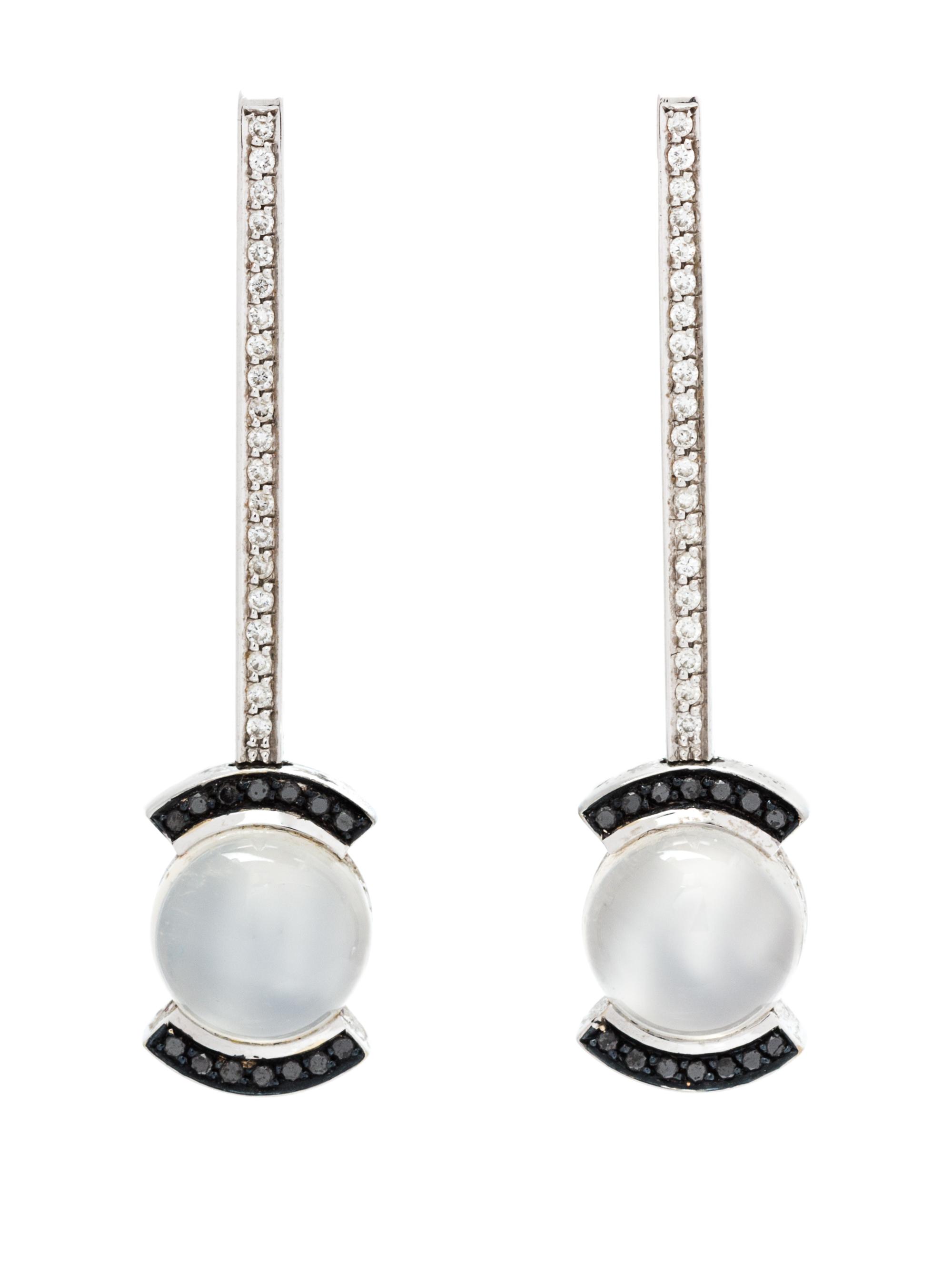 A Pair of 19 Karat White Gold, Moonstone, Diamond and Black Diamond Earrings, Portugal, 6.90 dwts.