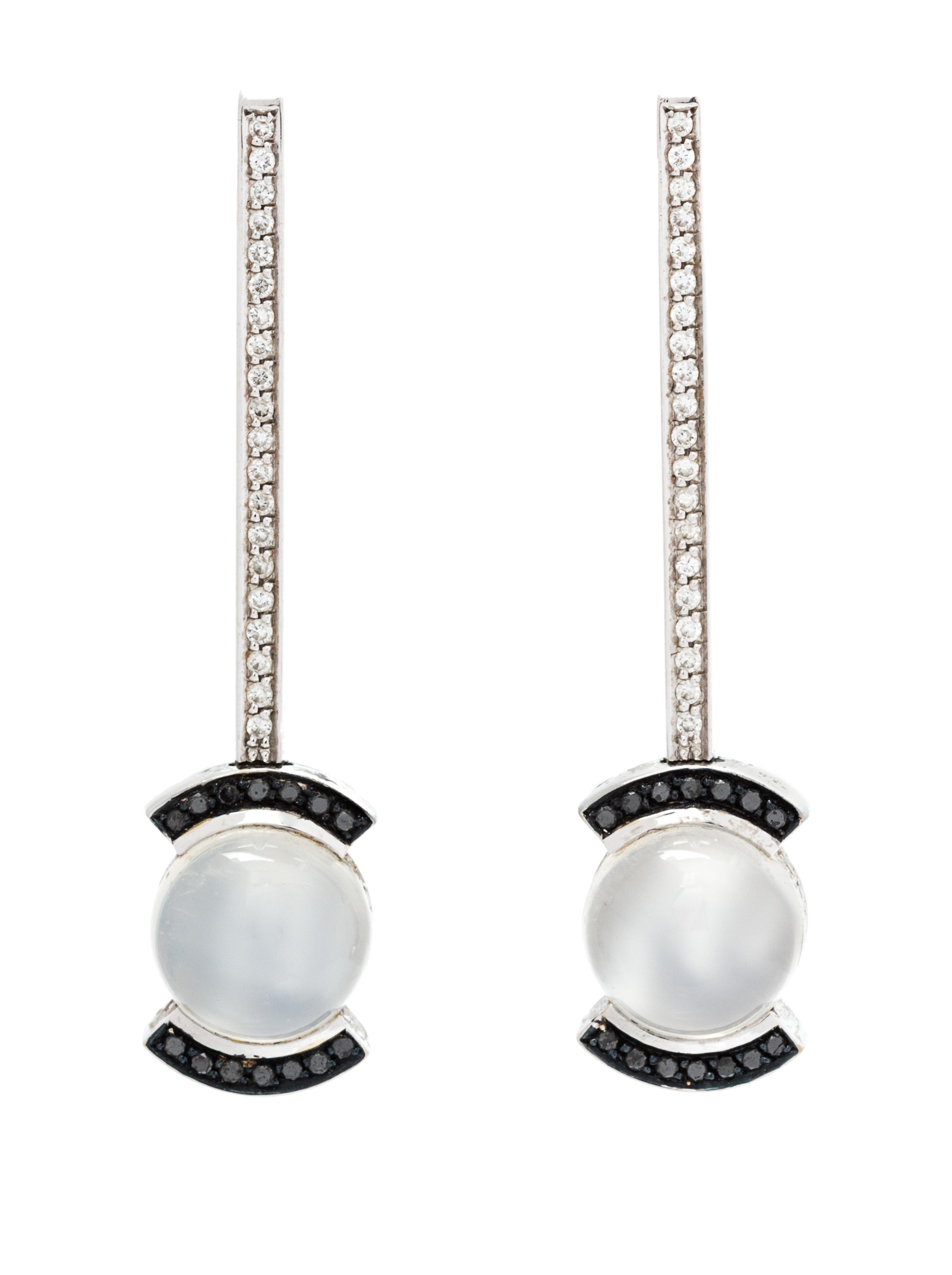 A Pair of 19 Karat White Gold, Moonstone, Diamond and Black Diamond Earrings, Portugal, 6.90 dwts.