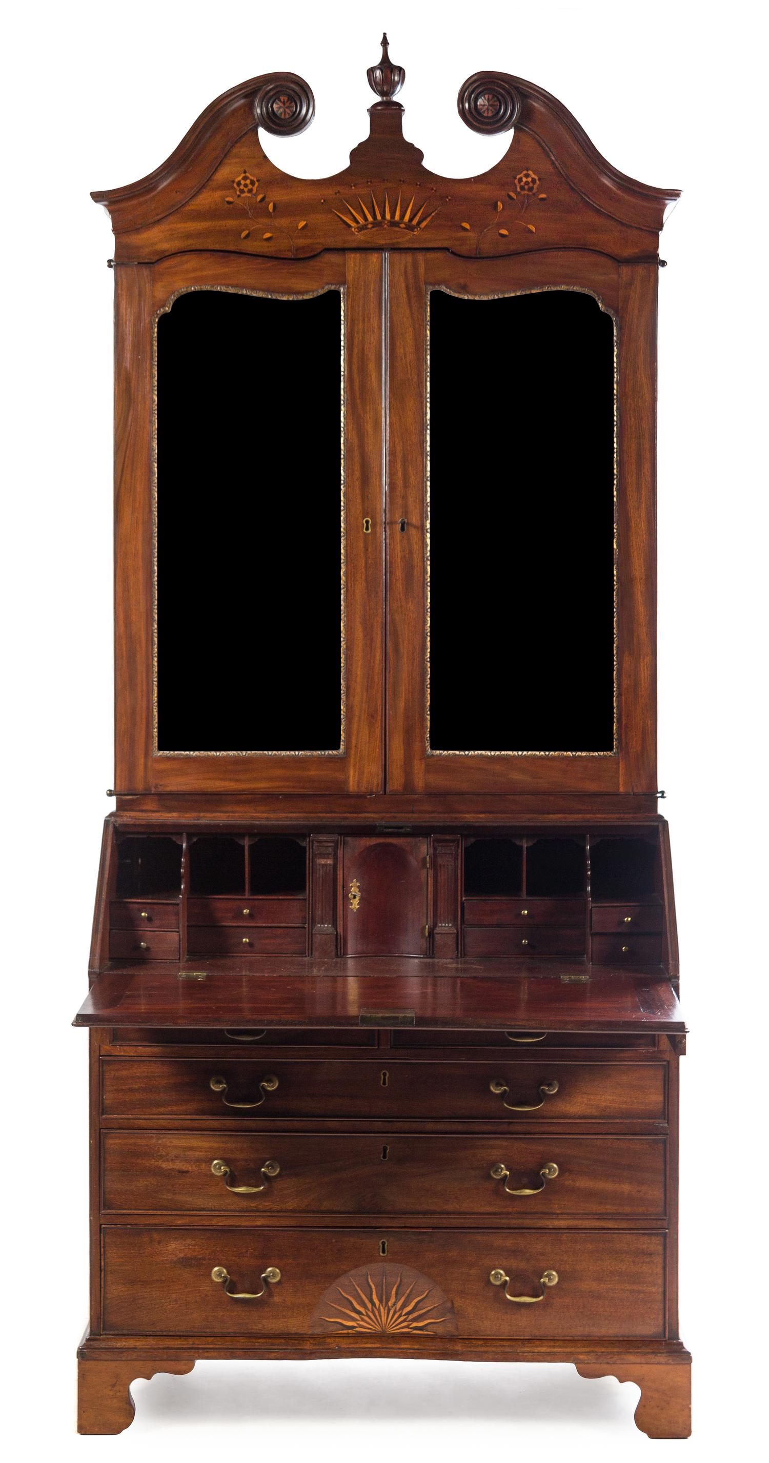 A George III Mahogany, Oak and Marquetry Secretary Bookcase Height 99 1/2 x width 40 1/2 x depth 22 inches. — LATE 18TH CENTURY