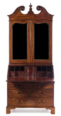 A George III Mahogany, Oak and Marquetry Secretary Bookcase Height 99 1/2 x width 40 1/2 x depth 22 inches. — LATE 18TH CENTURY