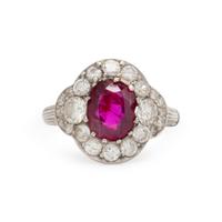 PLATINUM, DIAMOND, AND FRACTURE-FILLED RUBY RING